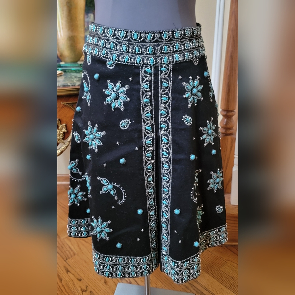 Basil & Maude Black & Turquoise Embellished Flare Skirt Cotton Spandex Sz 8